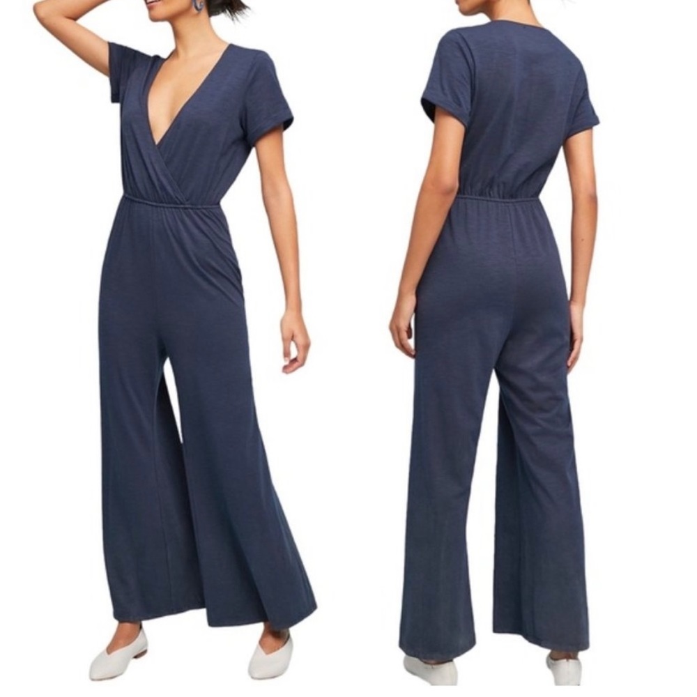 SATURDAY SUNDAY x ANTHROPOLOGIE Elmira Navy Short Sleeve Jumpsuit